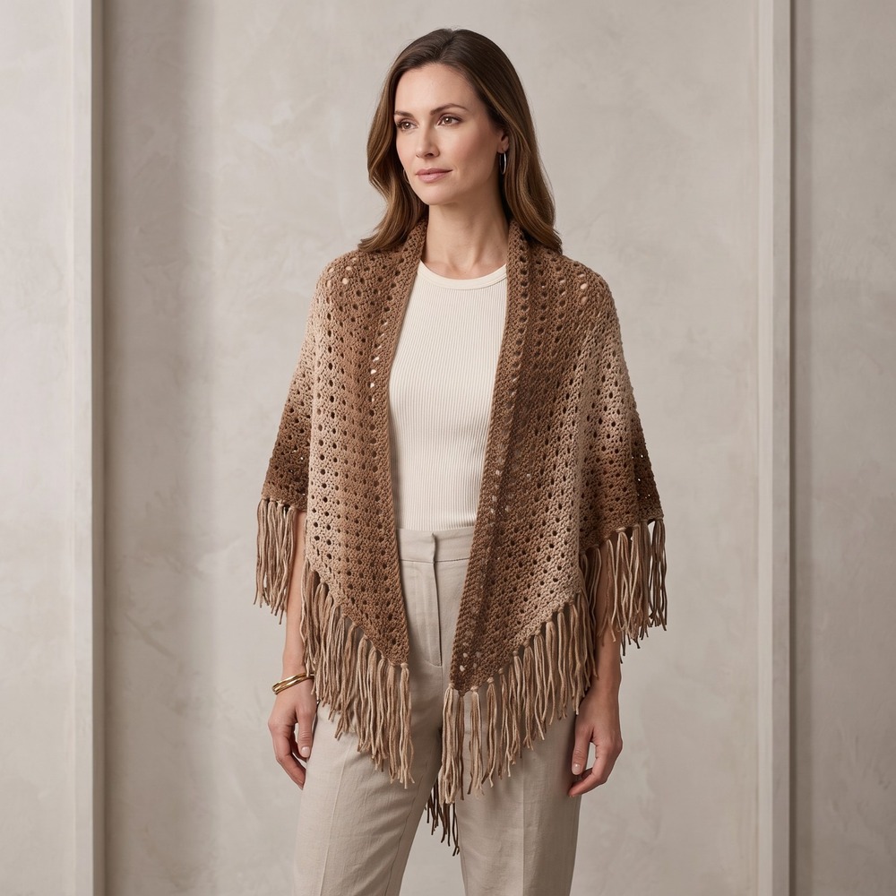 NEW Brown Ombre Hand Knitted Shawl Wrap Scarf Boho Fringe Cottage Indie Art